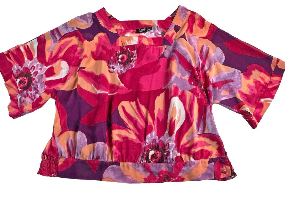 ANA A New Approach Women’s Colorful Floral Top Lined Overlay Smocked Hem Size 1X